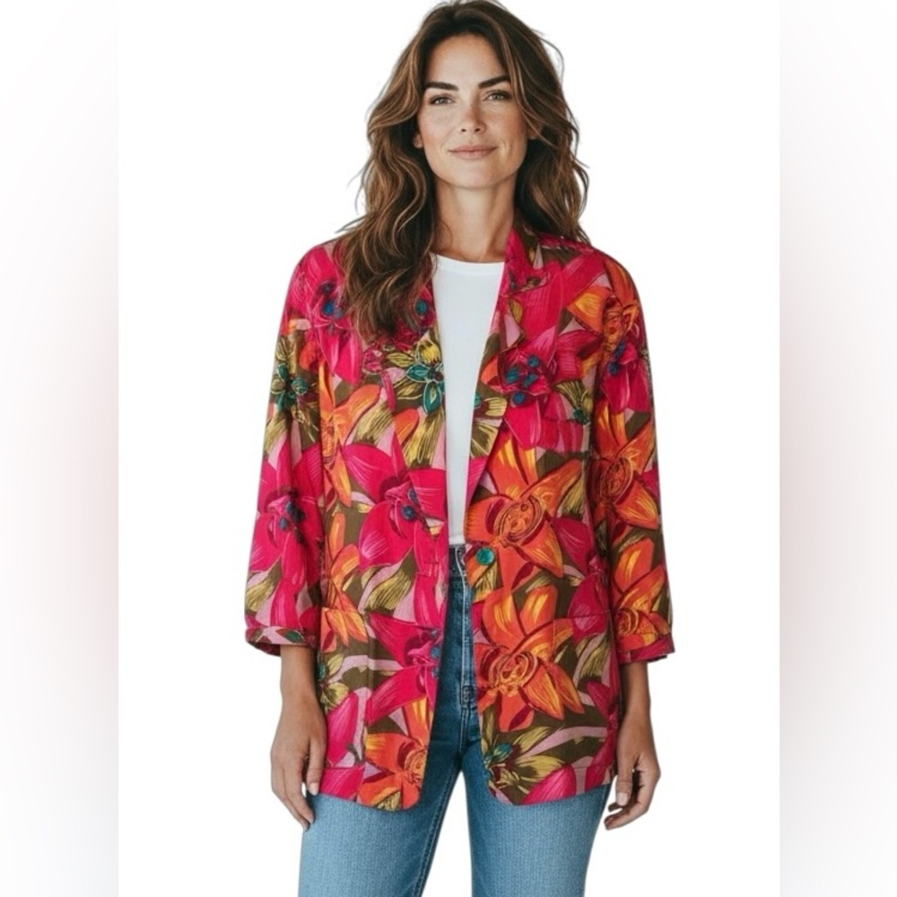 Adam Douglass 100% Silk 2 Button Pink Floral Hawaiian Jacket Blazer M Oversize